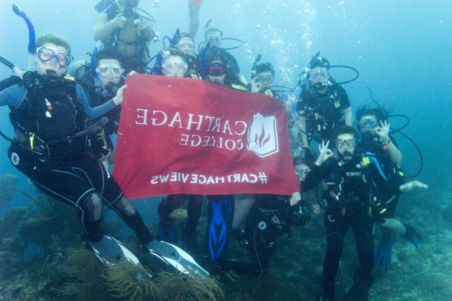 学生们手持<a href='http://epto03.gsens.net'>bv伟德ios下载</a>旗帜，在j学期洪都拉斯游学之旅中潜水.